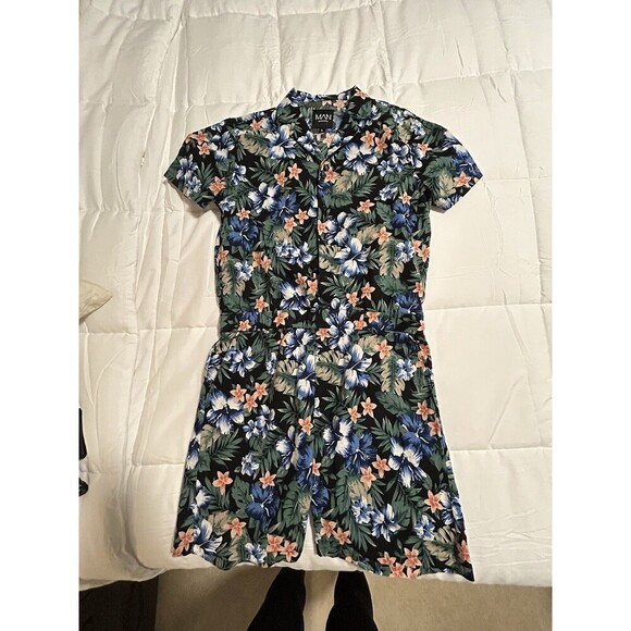 BoohooMAN Floral Print Revere Collar Short Jumpsuit Men’s Large - Picture 3 of 11